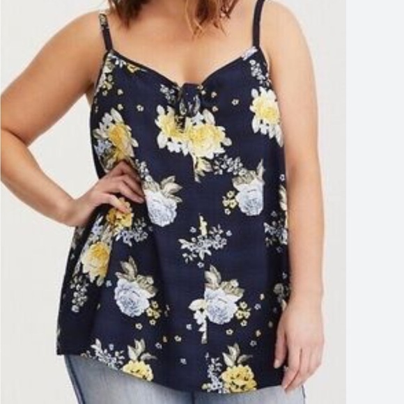 Torrid Dark Blue and Yellow Tie Front Camisole Blouse - Picture 1 of 8